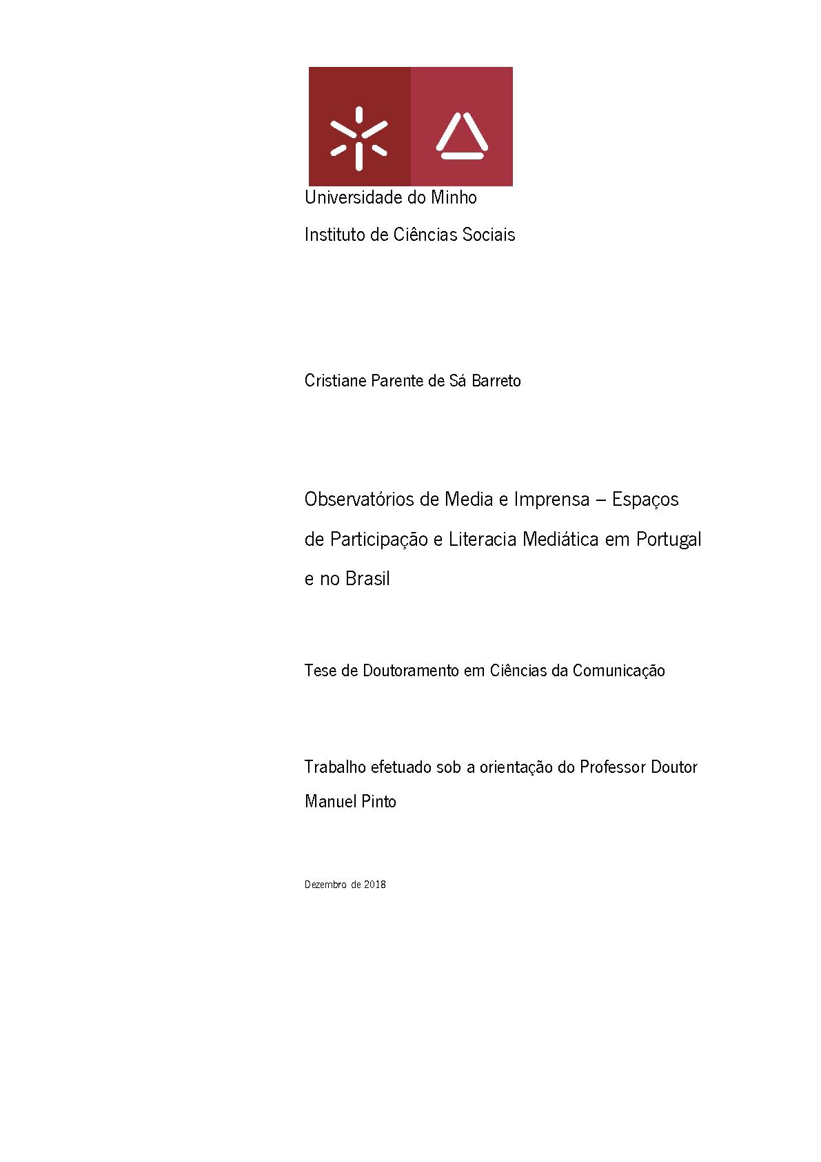 Observatórios de Media e Imprensa – Espaços  de Participação e Literacia Mediática em Portugal  e no Brasil