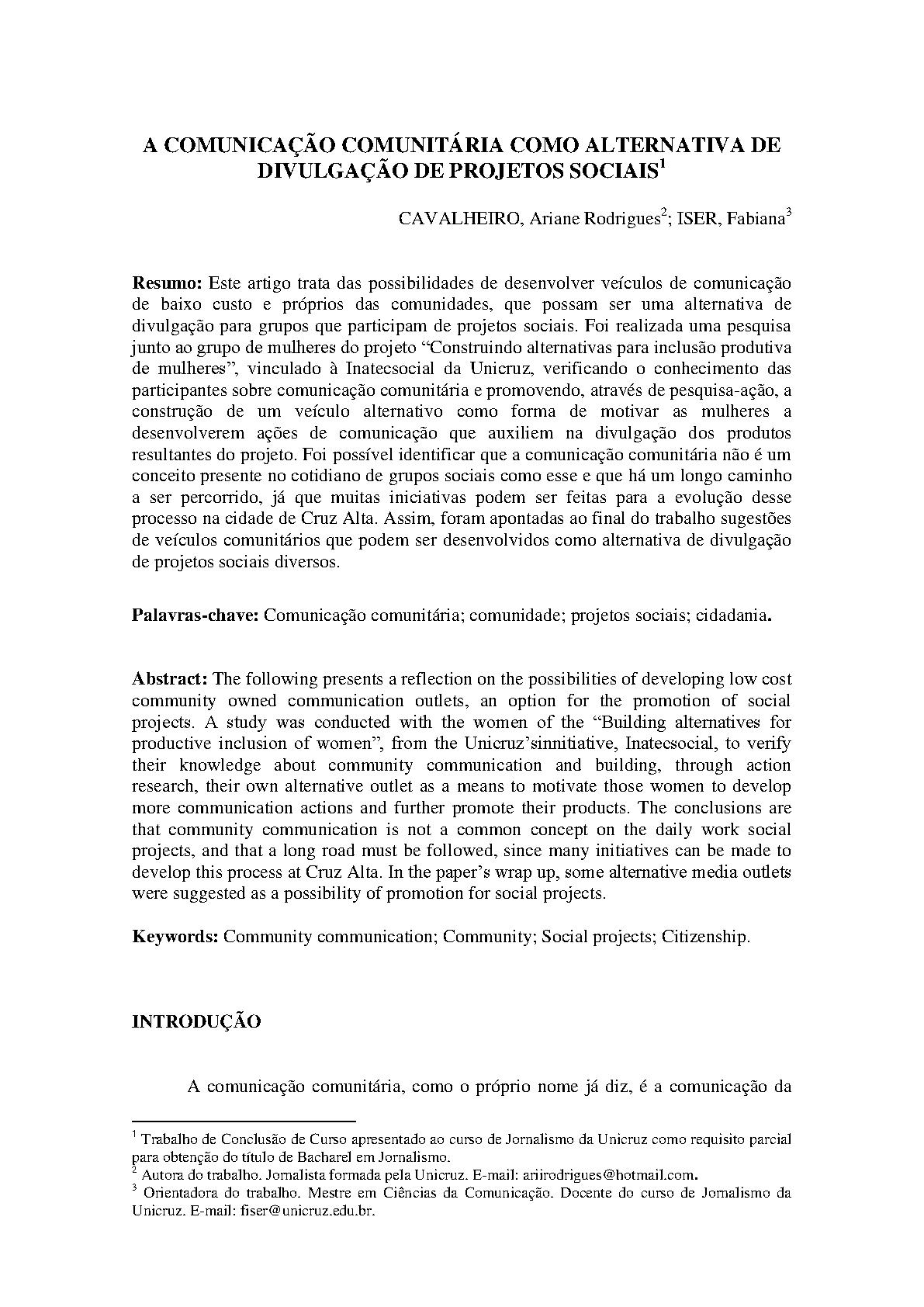 A Comunicação Comunitária como Alternativa de  Divulgação de Projetos Sociais