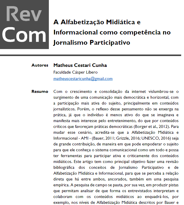 A  Alfabetização Midiática e  Informacional como Competência no  Jornalismo Participativo
