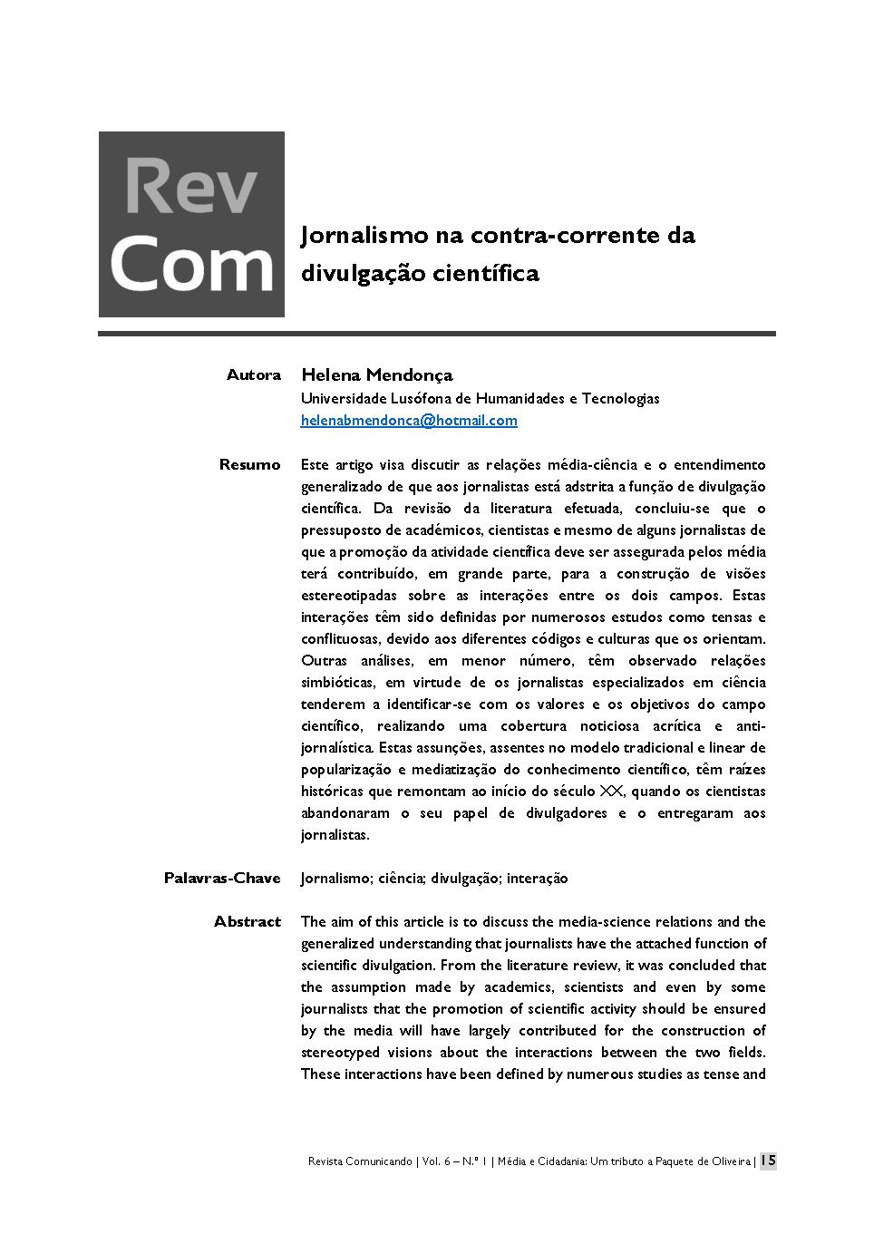 Jornalismo na Contra-Corrente da Divulgação Científica